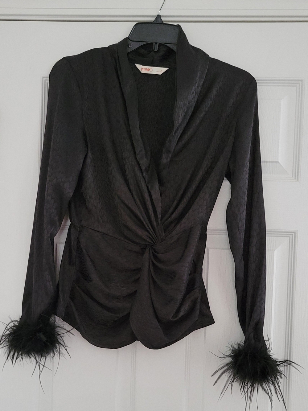 Naked Zebra Black Satin Twist-Front Top with Feather Cuffs-NWOT
